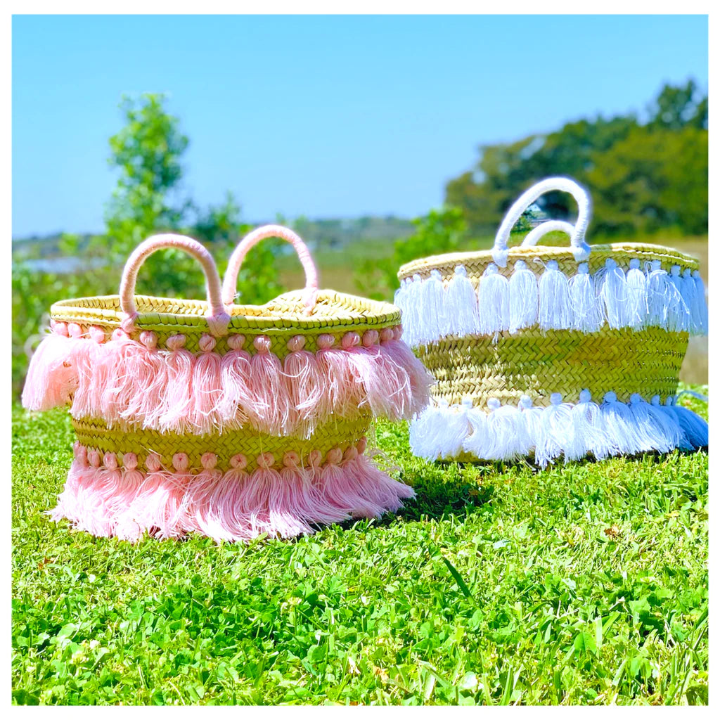 Natural Palm Leaf Straw Basket with Pink Tassels | Handmade Tote