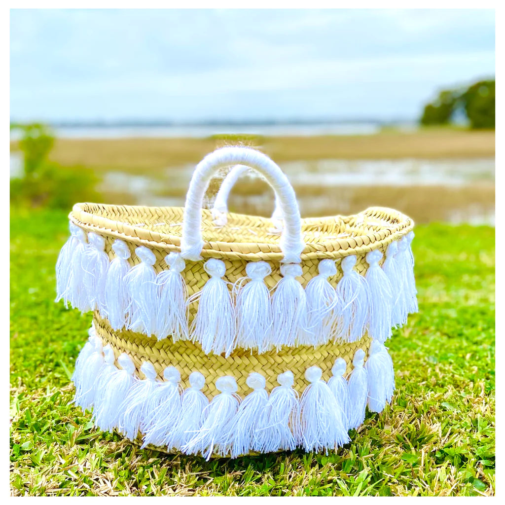 Natural Palm Leaf Straw Basket with Pink Tassels | Handmade Tote