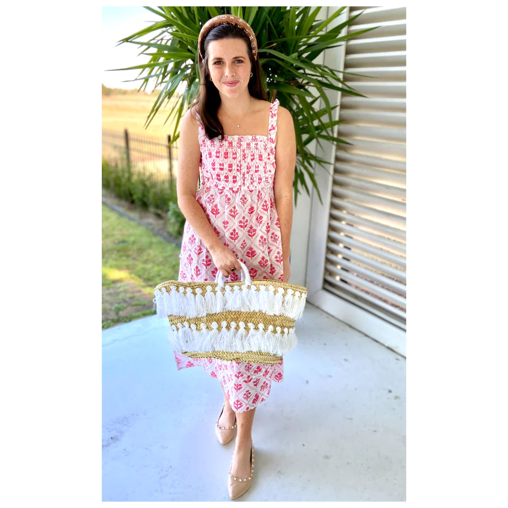 Natural Palm Leaf Straw Basket with Pink Tassels | Handmade Tote