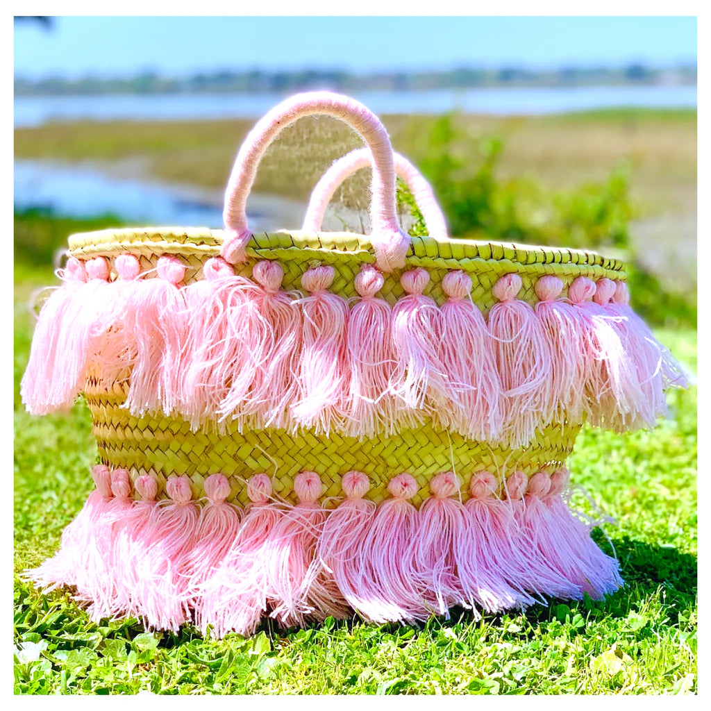 Natural Palm Leaf Straw Basket with Pink Tassels | Handmade Tote