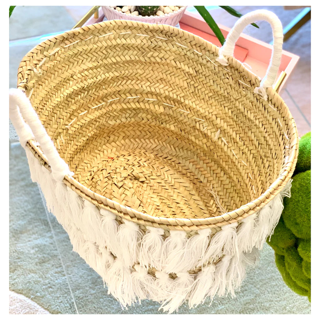 Natural Palm Leaf Straw Basket with Pink Tassels | Handmade Tote