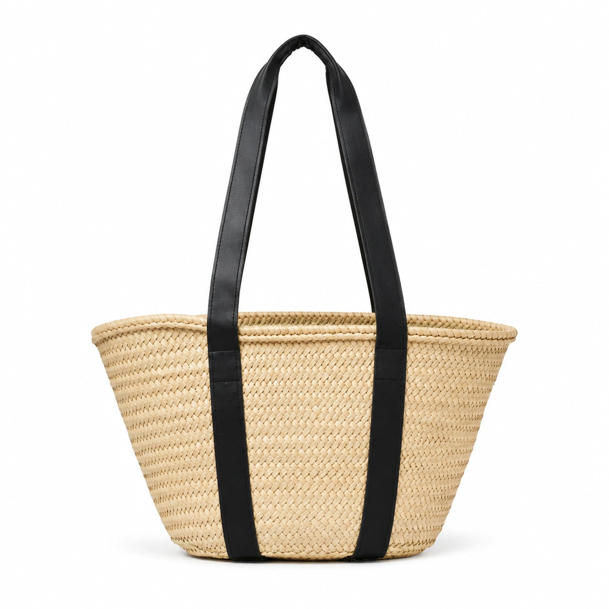 andmade Moroccan Straw Basket Bag with Black Leather Straps