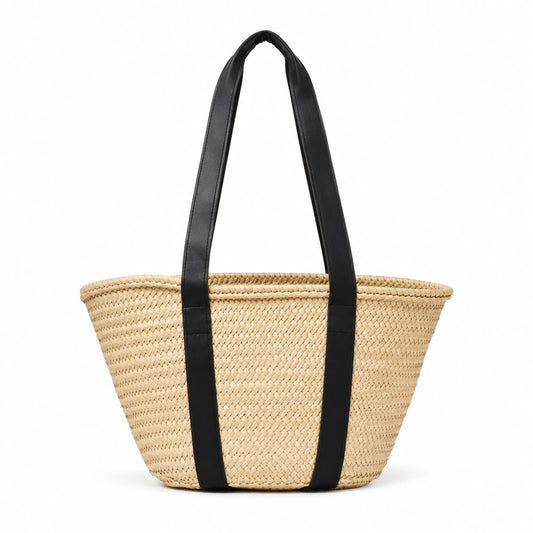 andmade Moroccan Straw Basket Bag with Black Leather Straps