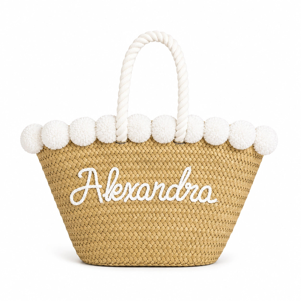 Personalised handwoven-moroccan-straw-beach-bag-with-pompoms