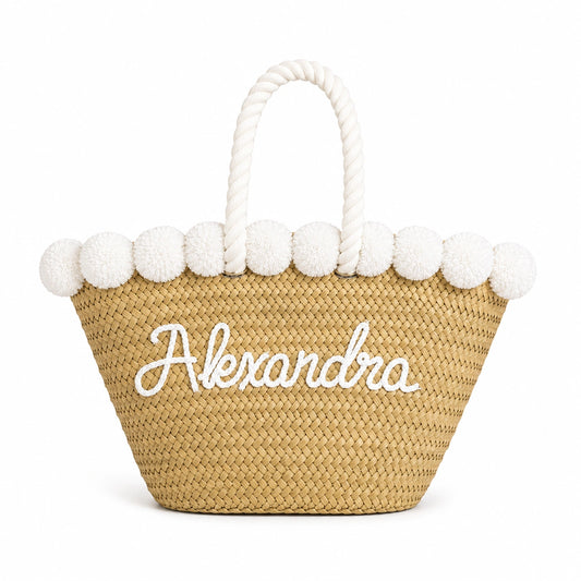 Personalised handwoven-moroccan-straw-beach-bag-with-pompoms
