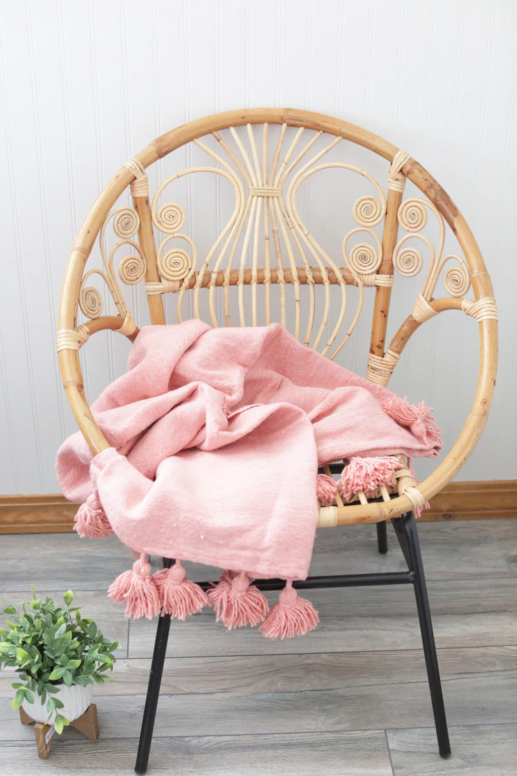 Handmade Moroccan Black & Orange Striped Pom Pom Blanket