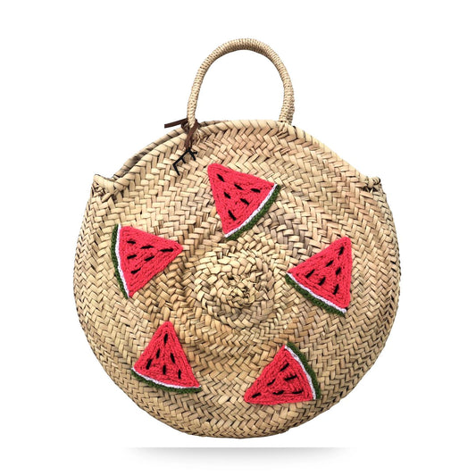 Handwoven Round Moroccan Straw Bag with Watermelon Design | Handmade Beach Tote | ArtisanNomad